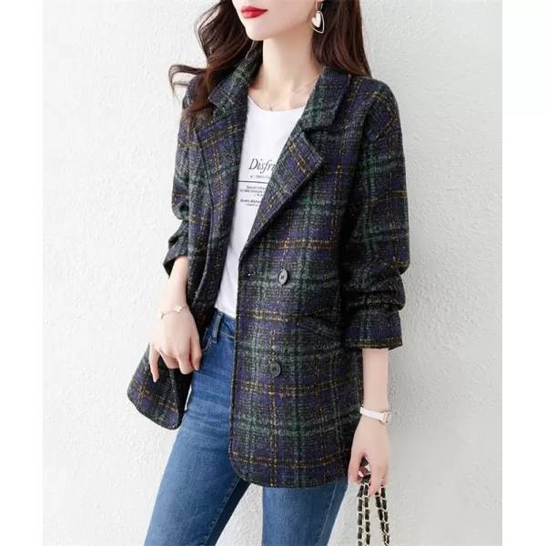 imagechouyatou Womens Winter Plaid Wool Blazer Lapel Collar Double Breasted Plaid Wool Pea Coat OvercoatDark Green