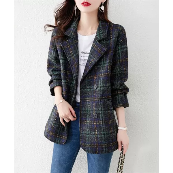 imagechouyatou Womens Winter Plaid Wool Blazer Lapel Collar Double Breasted Plaid Wool Pea Coat OvercoatDark Green