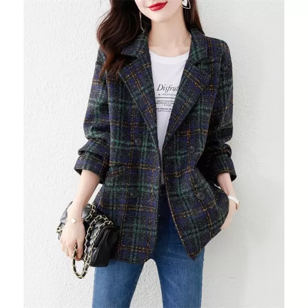 imagechouyatou Womens Winter Plaid Wool Blazer Lapel Collar Double Breasted Plaid Wool Pea Coat OvercoatDark Green