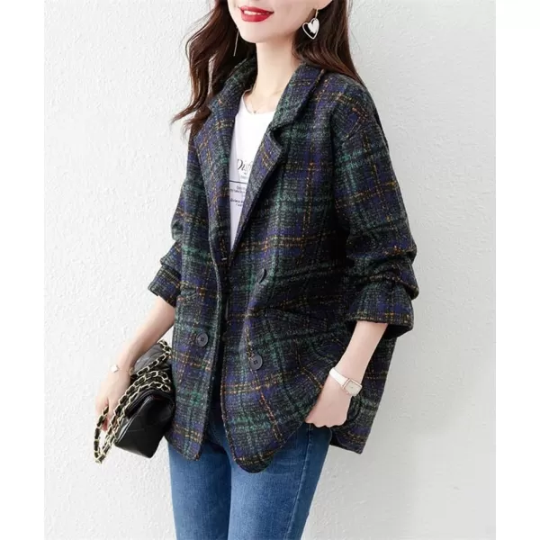 imagechouyatou Womens Winter Plaid Wool Blazer Lapel Collar Double Breasted Plaid Wool Pea Coat OvercoatDark Green