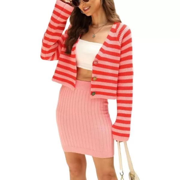 imagechouyatou Women Fall 2 Piece Outfits Striped Sweater Set Color Block Button Down Cardigan Knit Skrit SetsPink