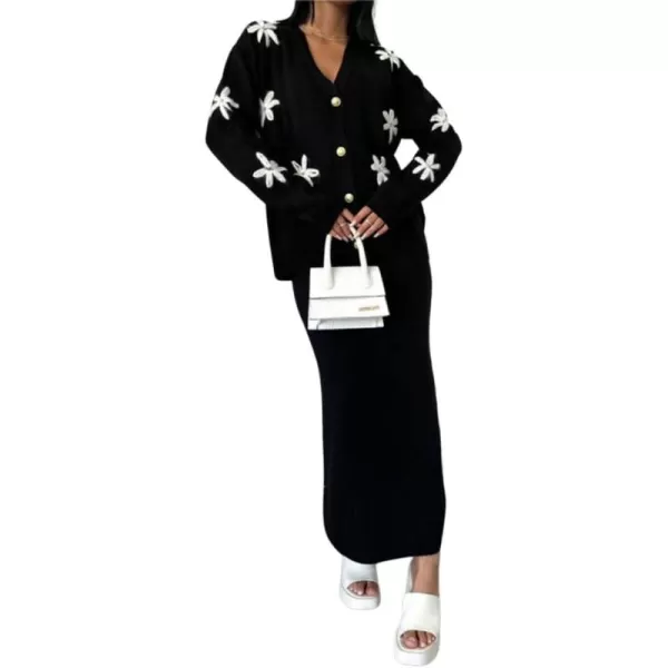 imagechouyatou Womens 2 Piece Outfits Floral Button Down Cardigan Sweater and Package Hip Long Knit Skirt SetsBlack
