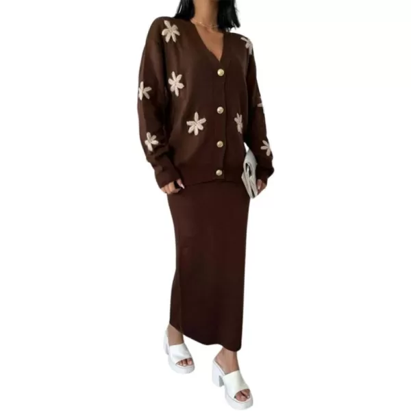 imagechouyatou Womens 2 Piece Outfits Floral Button Down Cardigan Sweater and Package Hip Long Knit Skirt SetsCoffee