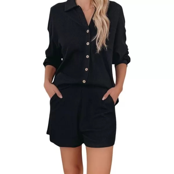 imagechouyatou Womens 2 Piece Outfits Long Sleeve Button Up Tops and Shorts Pajama Set LoungewearBlack