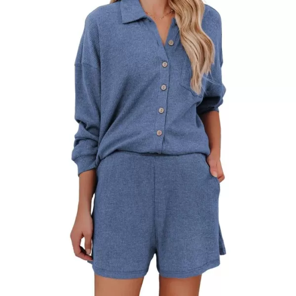 imagechouyatou Womens 2 Piece Outfits Long Sleeve Button Up Tops and Shorts Pajama Set LoungewearBlue