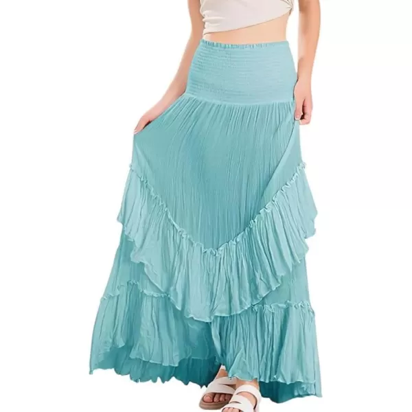 imagechouyatou Womens Boho Convertible Tube Top Skirt Dress Smocked Asymmetrical Swing Maxi Skirt Ruffle Long SundressBlue