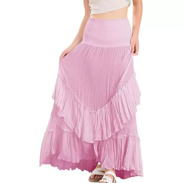 imagechouyatou Womens Boho Convertible Tube Top Skirt Dress Smocked Asymmetrical Swing Maxi Skirt Ruffle Long SundressPink