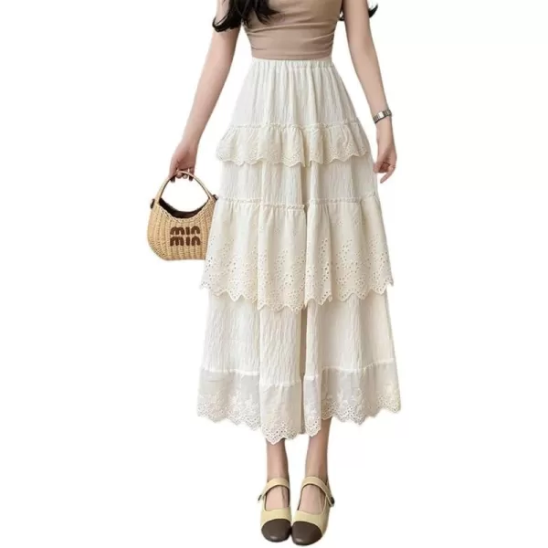 imagechouyatou Womens Boho Eyelet Lace Embroidery Midi Long Skirt High Elastic Waisted Flowy Swing Tiered SkirtApricot