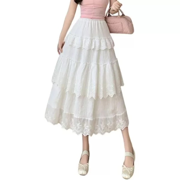 imagechouyatou Womens Boho Eyelet Lace Embroidery Midi Long Skirt High Elastic Waisted Flowy Swing Tiered SkirtWhite