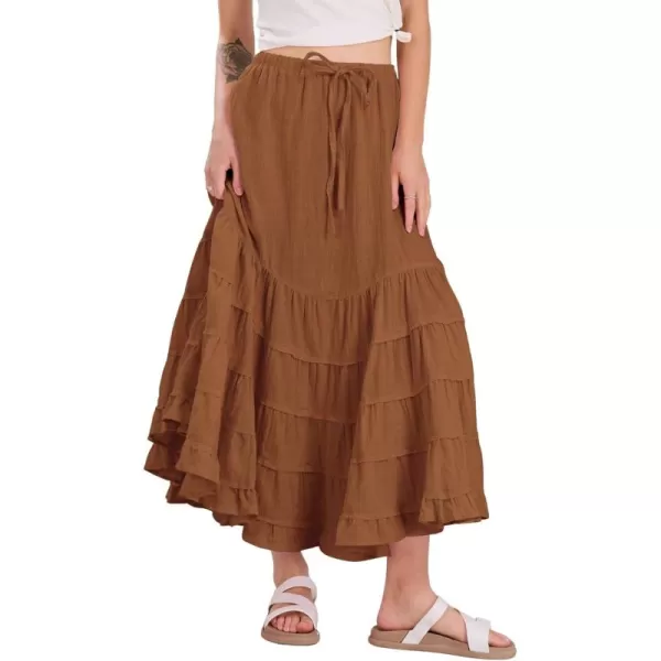 imagechouyatou Womens Boho Ruffle Swing Maxi Skirt High Elastic Waist Tiered Beach Party Long SkirtBrown