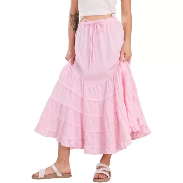 imagechouyatou Womens Boho Ruffle Swing Maxi Skirt High Elastic Waist Tiered Beach Party Long SkirtPink