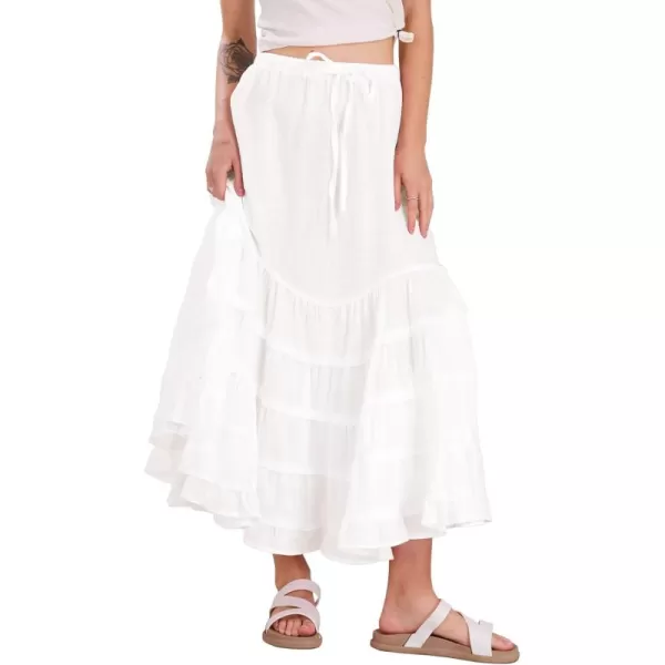 imagechouyatou Womens Boho Ruffle Swing Maxi Skirt High Elastic Waist Tiered Beach Party Long SkirtWhite