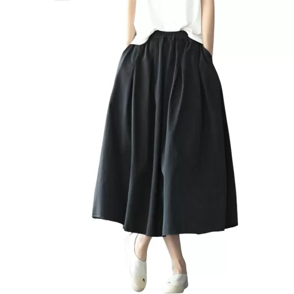 imagechouyatou Womens Casual Elegant Loose Baggy Elastic High Waist A Line Flare Midi Cotton SkirtBlack