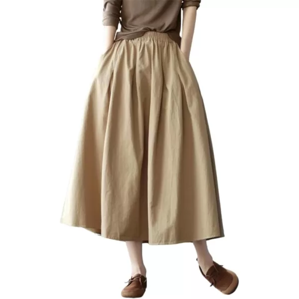 imagechouyatou Womens Casual Elegant Loose Baggy Elastic High Waist A Line Flare Midi Cotton SkirtKhaki