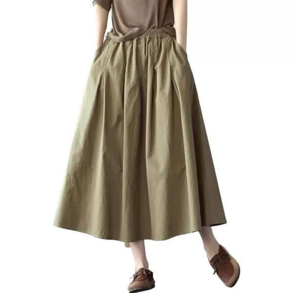 imagechouyatou Womens Casual Elegant Loose Baggy Elastic High Waist A Line Flare Midi Cotton SkirtOlive Green