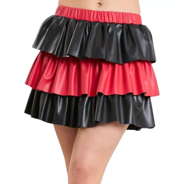 imagechouyatou Womens Color Block Pu Faux Leather Pleated Mini Skirt Sexy High Elastic Waist ALine Tiered SkirtBlack and Red