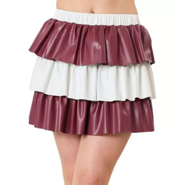 imagechouyatou Womens Color Block Pu Faux Leather Pleated Mini Skirt Sexy High Elastic Waist ALine Tiered SkirtBrown and White