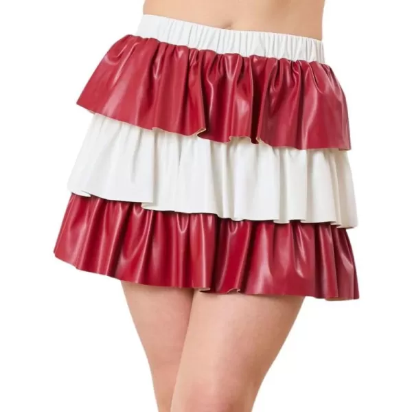 imagechouyatou Womens Color Block Pu Faux Leather Pleated Mini Skirt Sexy High Elastic Waist ALine Tiered SkirtRed and White