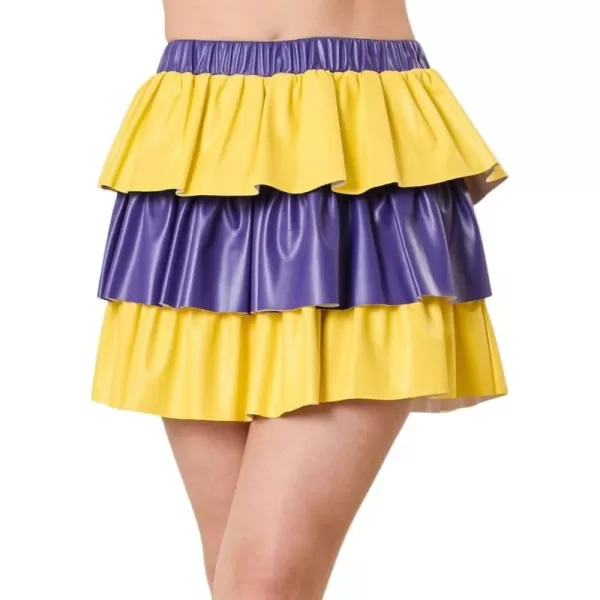 imagechouyatou Womens Color Block Pu Faux Leather Pleated Mini Skirt Sexy High Elastic Waist ALine Tiered SkirtYellow and Blue