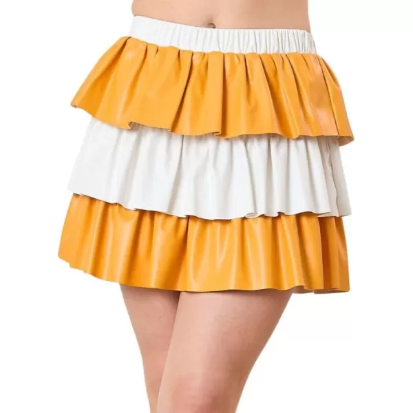imagechouyatou Womens Color Block Pu Faux Leather Pleated Mini Skirt Sexy High Elastic Waist ALine Tiered SkirtYellow and White