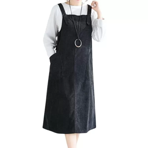 imagechouyatou Womens Corduroy Suspender Strap Bib Overall Midi Dress Cute A Line Pinafore Long Dress SkirtBlack