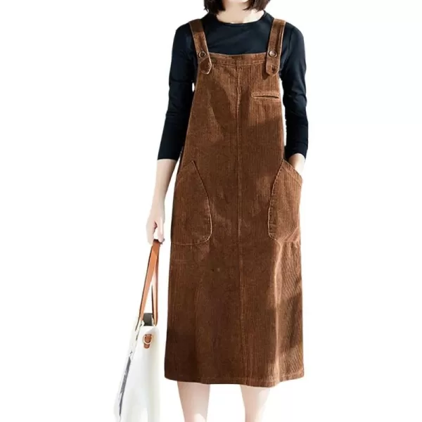 imagechouyatou Womens Corduroy Suspender Strap Bib Overall Midi Dress Cute A Line Pinafore Long Dress SkirtBrown