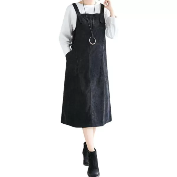 imagechouyatou Womens Cute Sleeveless Corduroy Overall Dress Jumper Midi Babydoll Tank Dress with PocketBlack