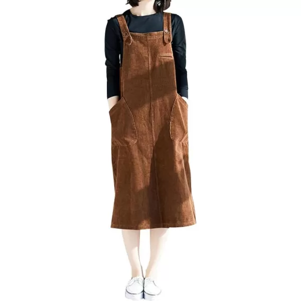 imagechouyatou Womens Cute Sleeveless Corduroy Overall Dress Jumper Midi Babydoll Tank Dress with PocketBrown