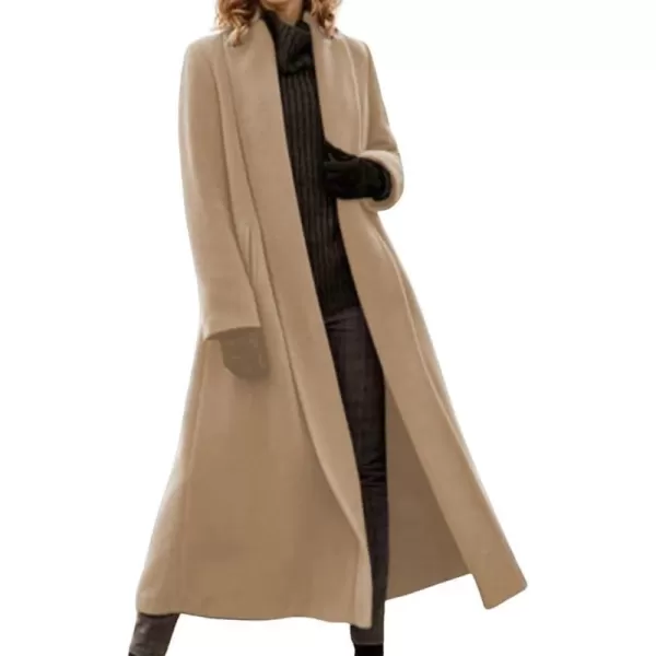 imagechouyatou Womens Elegant Shawl Collar Open Front Wool Coat Formal Work Mid Long Winter Pea CoatKhaki