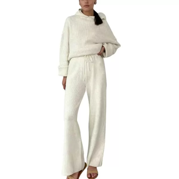 imagechouyatou Womens Fall 2 Piece Outfits Knit Sweater Sets Sweater Hoodie Wide Leg Pants Lounge SetsBeige