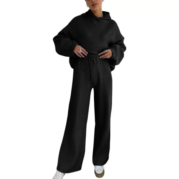 imagechouyatou Womens Fall 2 Piece Outfits Knit Sweater Sets Sweater Hoodie Wide Leg Pants Lounge SetsBlack