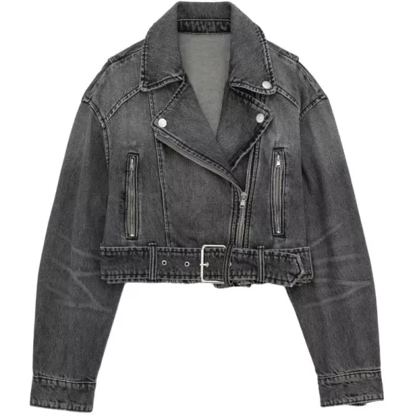 imagechouyatou Womens Fall Moto Biker Distressed Denim Jacket Boyfriend Casual Belted Short Jean JacketGrey