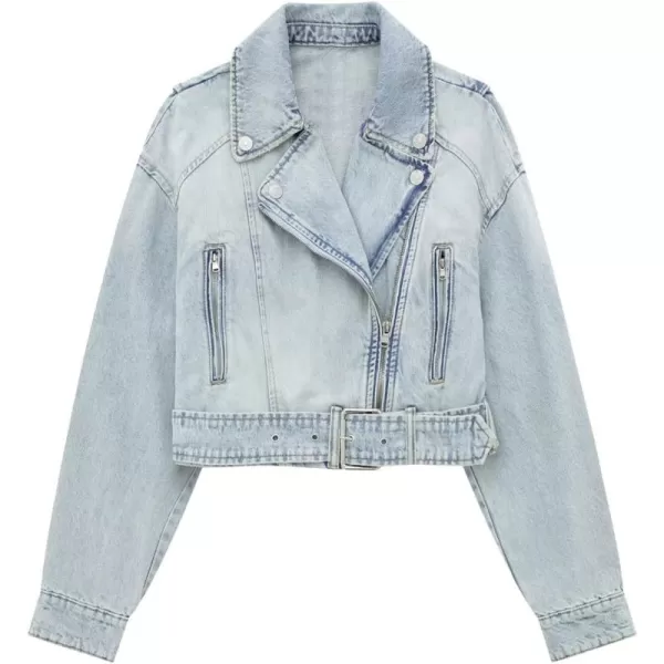 imagechouyatou Womens Fall Moto Biker Distressed Denim Jacket Boyfriend Casual Belted Short Jean JacketLight Blue