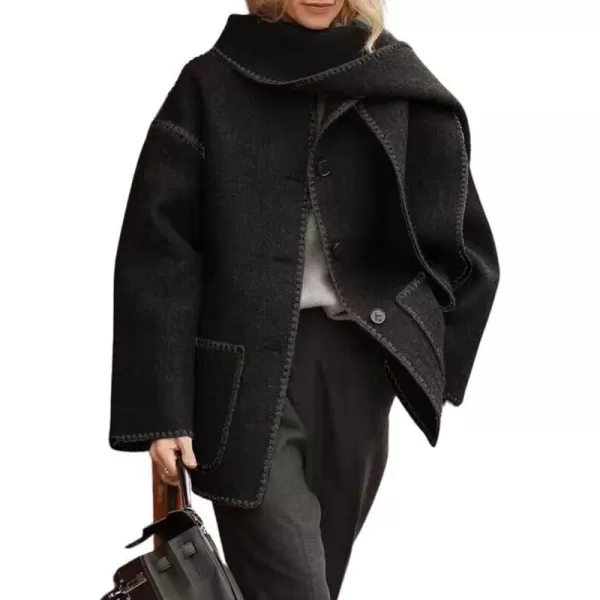 imagechouyatou Womens Fall Removable Scarf Collarless Wool Jacket Business Casual Oversized Winter Wool CoatBlack