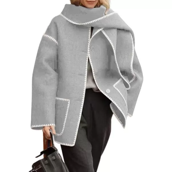 imagechouyatou Womens Fall Removable Scarf Collarless Wool Jacket Business Casual Oversized Winter Wool CoatLight Grey