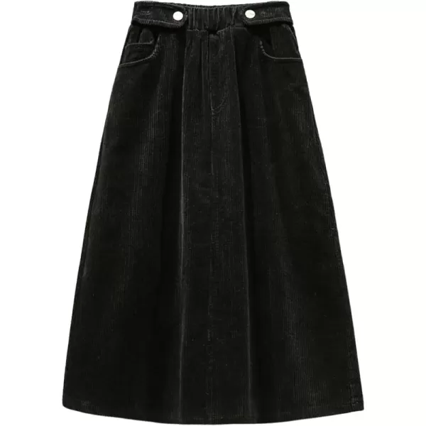 imagechouyatou Womens Fall Winter Casual Elastic High Waist A Line Corduroy Long Midi Skirt with PocketsBlack