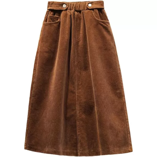 imagechouyatou Womens Fall Winter Casual Elastic High Waist A Line Corduroy Long Midi Skirt with PocketsBrown