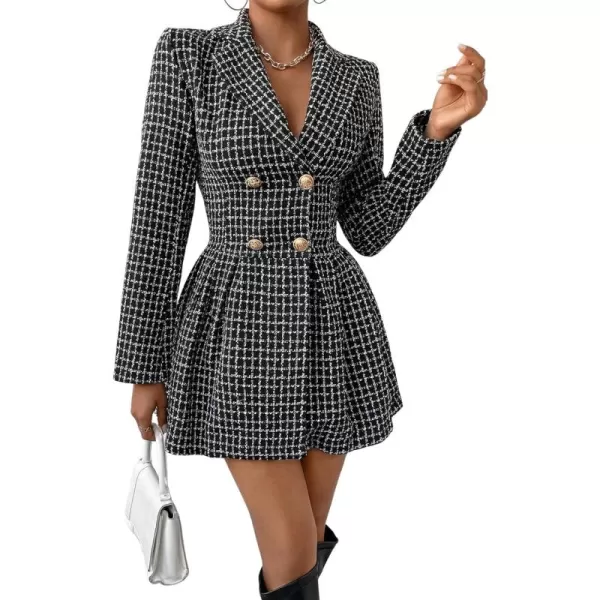 imagechouyatou Womens Fall Winter Notch Lapel Double Breated Tweed Wool Pea Coat Tartan Plaid Trench CoatBlack