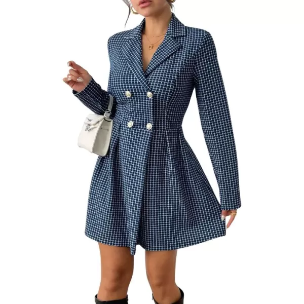imagechouyatou Womens Fall Winter Notch Lapel Double Breated Tweed Wool Pea Coat Tartan Plaid Trench CoatBlue