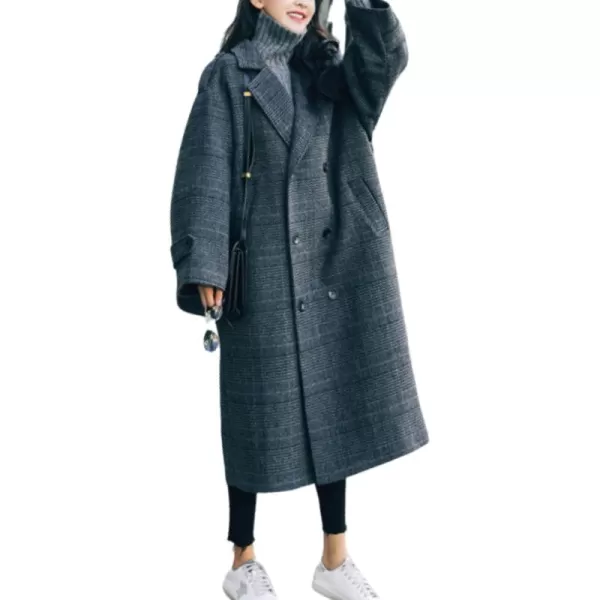 imagechouyatou Womens Fall Winter Oversized Notched Collar Double Breasted Plaid Wool Blend Long Trench CoatGrey