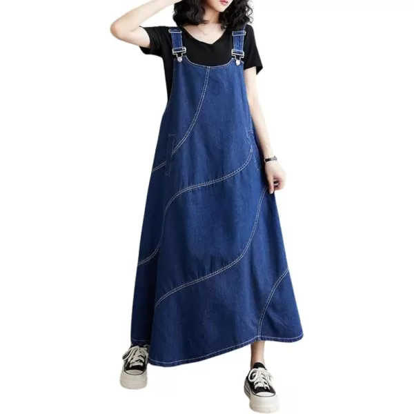 imagechouyatou Womens Sleeveless Denim Overall Dress Loose Baggy Jumper Maxi Jean DressDark Blue