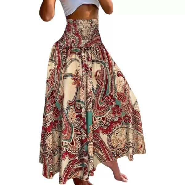imagechouyatou Womens Smocked Waist Paisley Floral Boho Swing Skirt Bohemian Beach Vacation Midi Long SkirtApricot