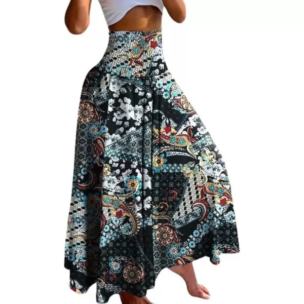 imagechouyatou Womens Smocked Waist Paisley Floral Boho Swing Skirt Bohemian Beach Vacation Midi Long SkirtBlack