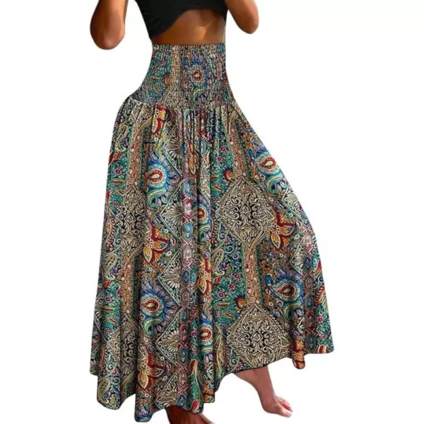 imagechouyatou Womens Smocked Waist Paisley Floral Boho Swing Skirt Bohemian Beach Vacation Midi Long SkirtBlue