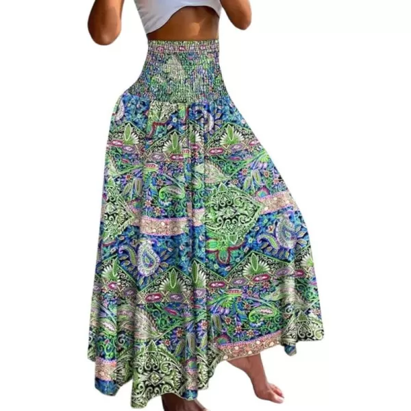 imagechouyatou Womens Smocked Waist Paisley Floral Boho Swing Skirt Bohemian Beach Vacation Midi Long SkirtGreen