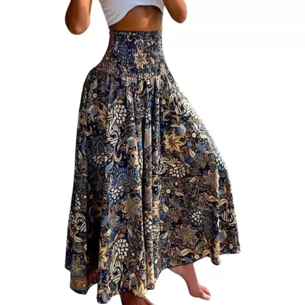 imagechouyatou Womens Smocked Waist Paisley Floral Boho Swing Skirt Bohemian Beach Vacation Midi Long SkirtNavy