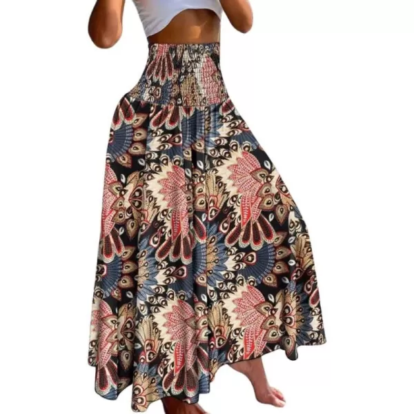 imagechouyatou Womens Smocked Waist Paisley Floral Boho Swing Skirt Bohemian Beach Vacation Midi Long SkirtNavy Red