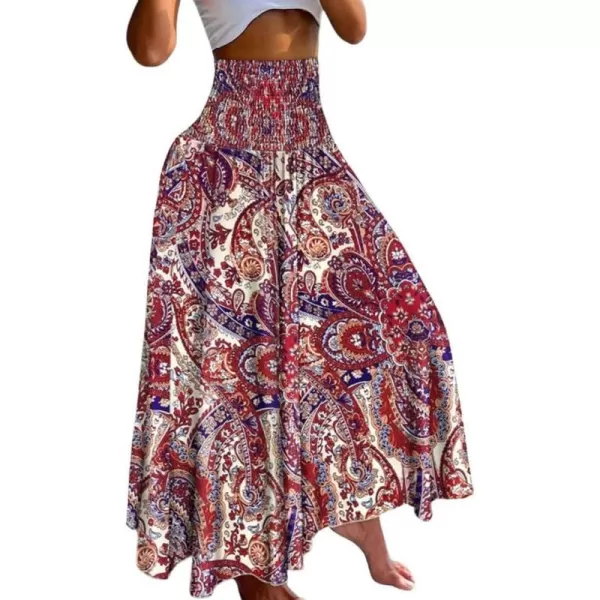 imagechouyatou Womens Smocked Waist Paisley Floral Boho Swing Skirt Bohemian Beach Vacation Midi Long SkirtRed