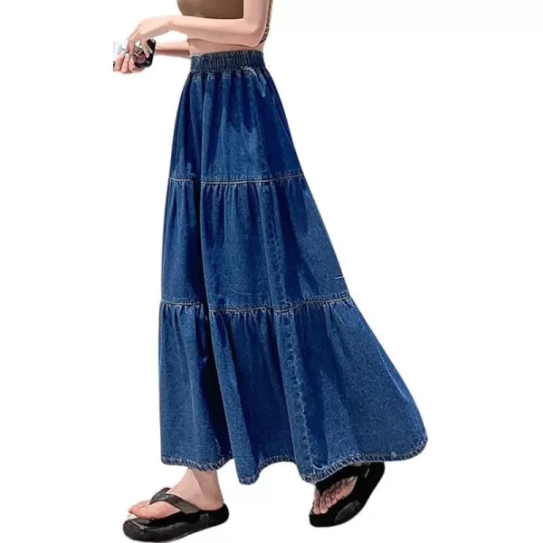 imagechouyatou Womens Spring High Elastic Waist Tiered Denim Skirt Summer ALine Maxi Long Jean SkirtBlue