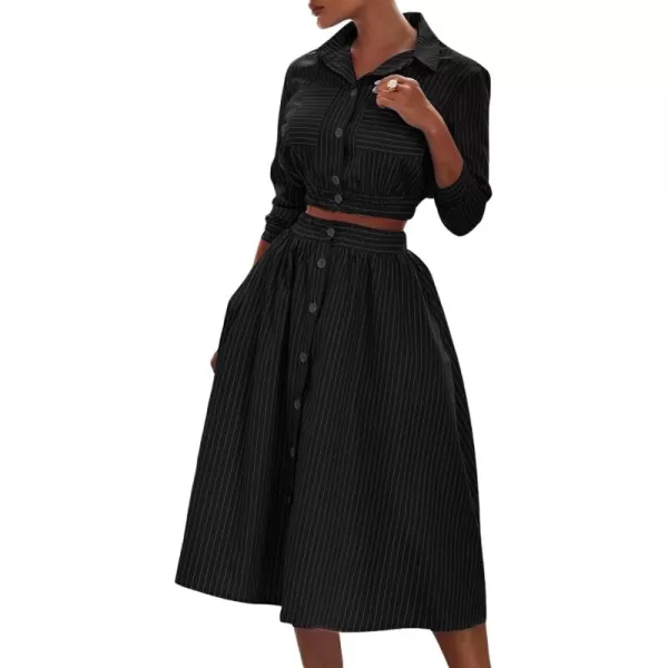 imagechouyatou Womens Spring Summer 2 Piece Outfits Stripe Button Down Shirt Top Midi Skater Skirt SetsBlack